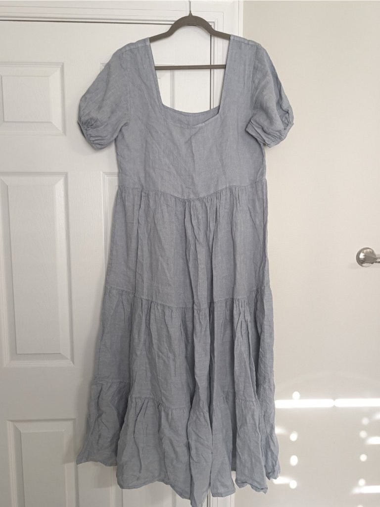 Beachwood Baby The Paloma Dress Grey Blue Linen Tiered Puff Sleeve Flowy Sz M/L — image 5 of 8
